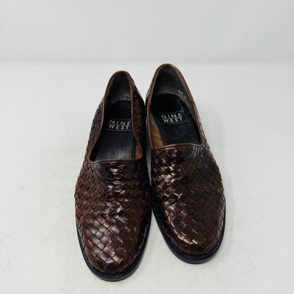 Vintage Nine West 6.5M Brown Woven Leather Loafers Block Heel Slip On Classic - Picture 4 of 12